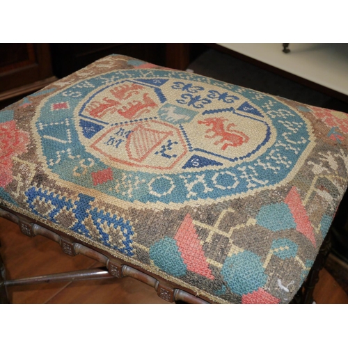 587 - Chinese Chippendale style upholstered stool, the top covered with tapestry depicting a family crest ... 