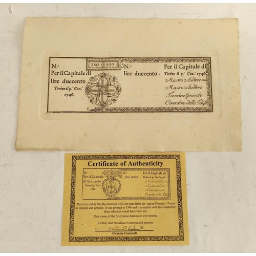 256 - Italy- Torino, Finanze region 200 Lire banknote dated 1746 printed on uncut counterfoil.