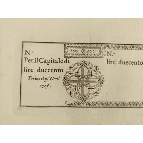 256 - Italy- Torino, Finanze region 200 Lire banknote dated 1746 printed on uncut counterfoil.