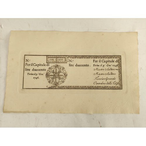 256 - Italy- Torino, Finanze region 200 Lire banknote dated 1746 printed on uncut counterfoil.