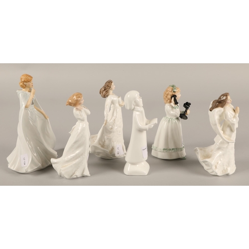 12 - Six Royal Doulton figurines to include Carol Singer Boy HN4031, Hello Daddy HN3651, Silent Night HN5... 