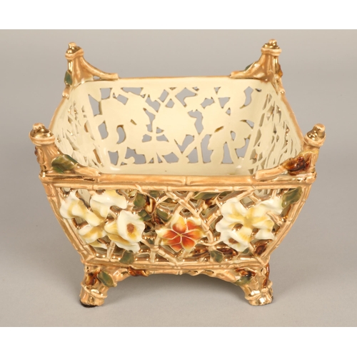 34 - Zsolnay daffodil design porcelain basket, 13.5cm h x 15cm x 15cm top opening diameter