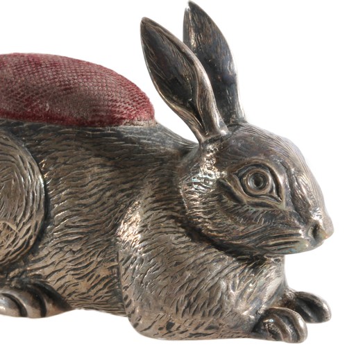 120 - Edwardian silver pin cushion in the form of a rabbit by Gourdel Vales & Co, Birmingham 1907, 50g... 