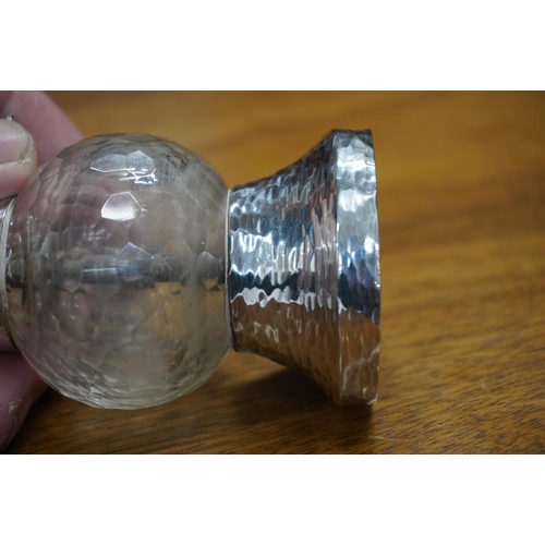 124 - Victorian silver and cut glass pepper mill of inverted thistle shape having spherical golf ball shap... 