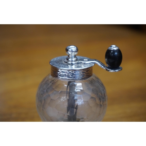 124 - Victorian silver and cut glass pepper mill of inverted thistle shape having spherical golf ball shap... 