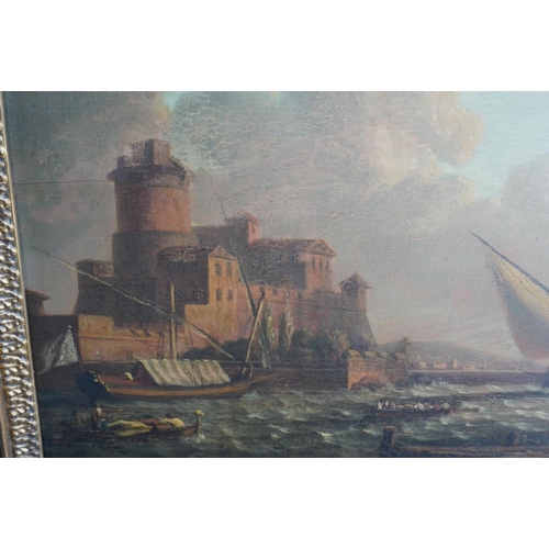 417 - 19TH CENTURY SCHOOL Busy harbour scene Oil painting on wood panel, unsigned, 33cm x 48cm.