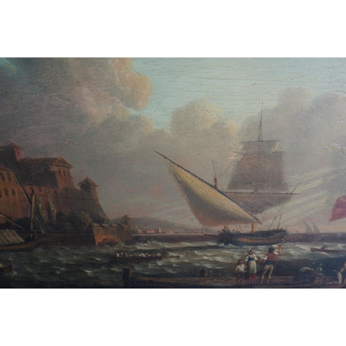 417 - 19TH CENTURY SCHOOL Busy harbour scene Oil painting on wood panel, unsigned, 33cm x 48cm.