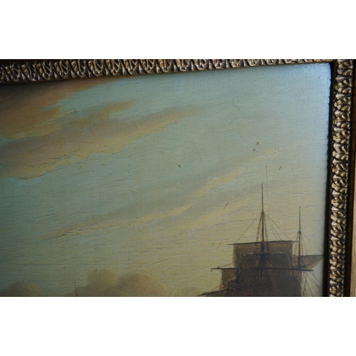 417 - 19TH CENTURY SCHOOL Busy harbour scene Oil painting on wood panel, unsigned, 33cm x 48cm.