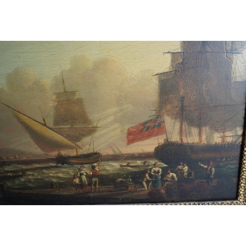 417 - 19TH CENTURY SCHOOL Busy harbour scene Oil painting on wood panel, unsigned, 33cm x 48cm.