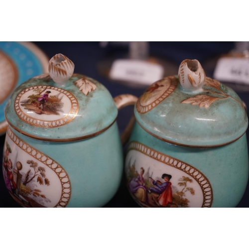 465 - Group of German Meissen Dresden porcelain chocolate cups and saucers and cabinet cup and saucer, Aug... 