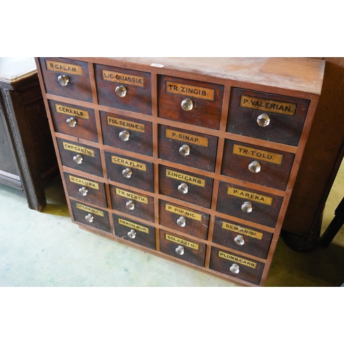 583 - Vintage chemists apothecary 4x5 bank of drawers, 86cm x 92cm x 30cm.