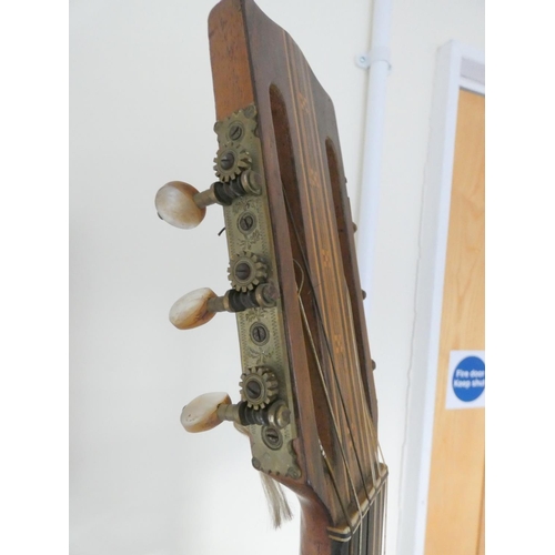 407 - Early 1900s Spanish parlour guitar by Alfonso Ricardo, Madrid with mother of pearl zig-zag inlay dec... 