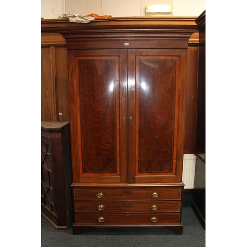 573 - 19th century mahogany and satinwood inlaid and crossbanded two door wardrobe, the moulded cornice ab... 