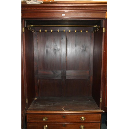 573 - 19th century mahogany and satinwood inlaid and crossbanded two door wardrobe, the moulded cornice ab... 