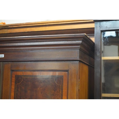 573 - 19th century mahogany and satinwood inlaid and crossbanded two door wardrobe, the moulded cornice ab... 