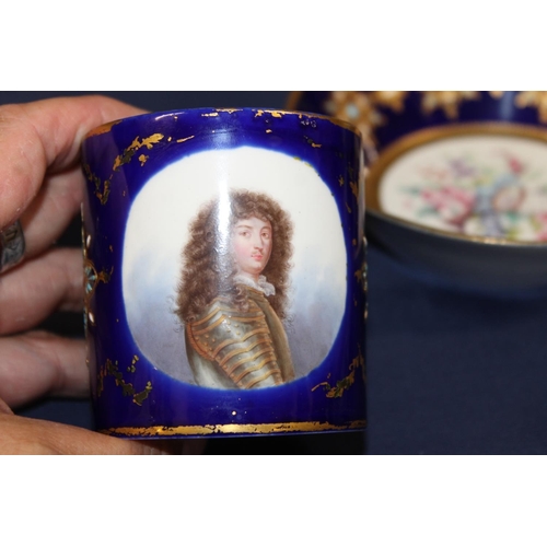 440 - Sevres porcelain cabinet cup and saucer with vignette depicting portrait of King Louis XIV, dated le... 