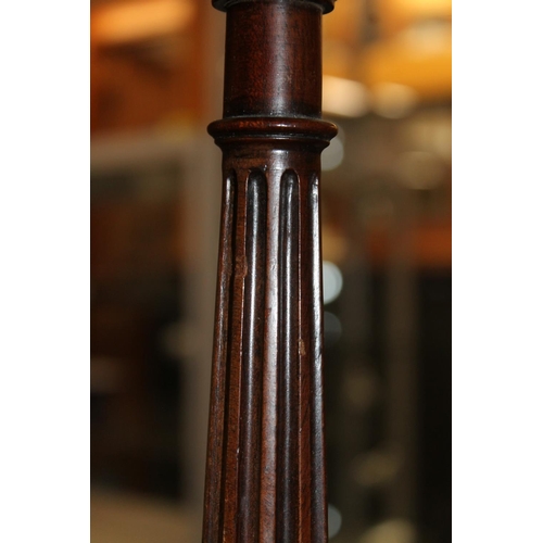 489 - Pair of mahogany fluted column table lamps, raised on fluted square platform base, 54cm tall to the ... 