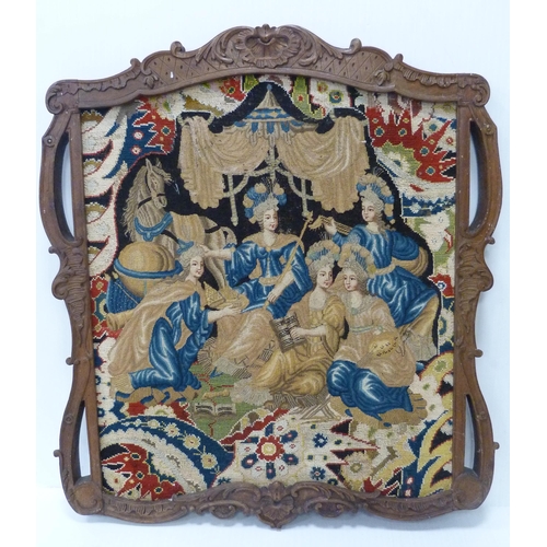 416 - Early 18th century needlework panel, possibly depicting the enthroned Charles I, with figures alongs... 