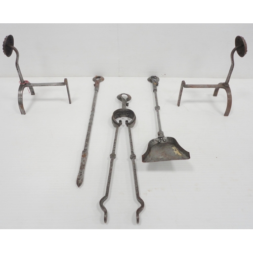 377 - Set of three Arts & Crafts polished steel fire irons in the manner of Robert Lorimer comprising ... 