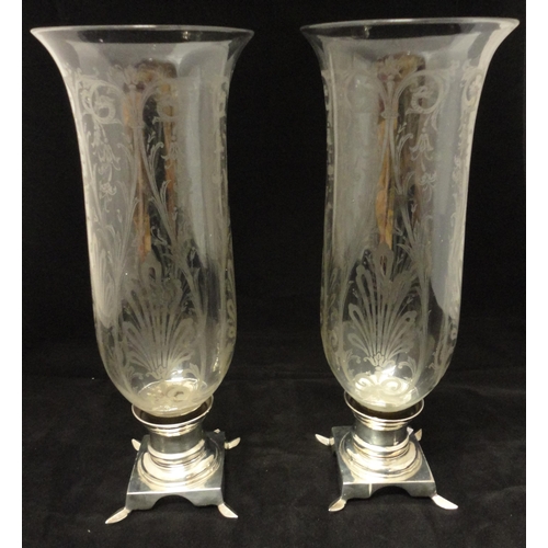 333 - Two pairs of glass trumpet vases decorated with applied Victorian-style scrolls and foliage, on whit... 