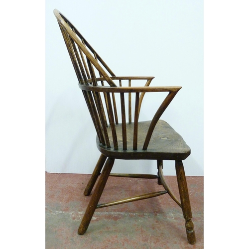 517 - Ash and elm Windsor chair, c. late 18th/early 19th century, with hoop frame and stick back, on turne... 