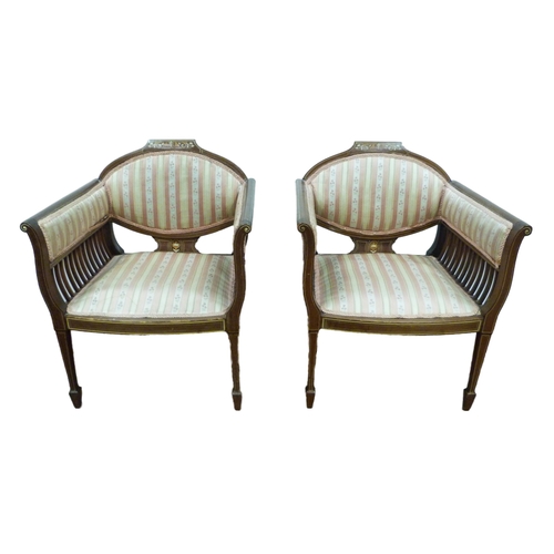 519 - Pair of ladies' inlaid mahogany salon armchairs, upholstered in Regency-style moquette, 74cm high.  ... 