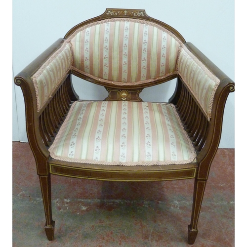 519 - Pair of ladies' inlaid mahogany salon armchairs, upholstered in Regency-style moquette, 74cm high.  ... 