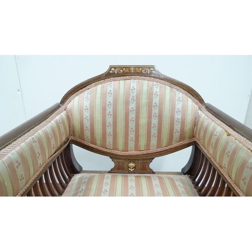 519 - Pair of ladies' inlaid mahogany salon armchairs, upholstered in Regency-style moquette, 74cm high.  ... 