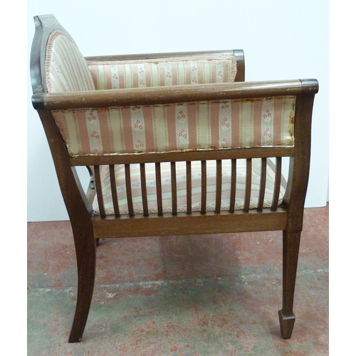 519 - Pair of ladies' inlaid mahogany salon armchairs, upholstered in Regency-style moquette, 74cm high.  ... 