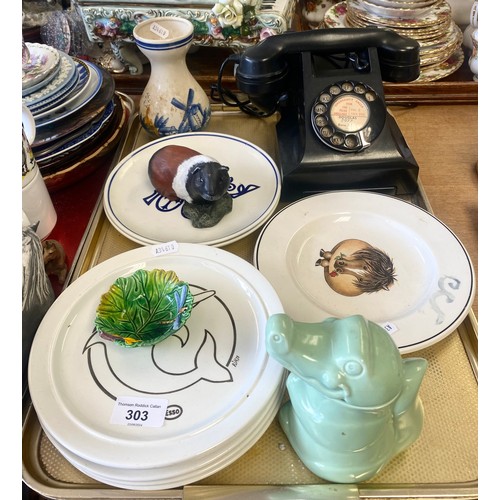 303 - Vintage telephone, assorted plates, Delft-style vase, etc