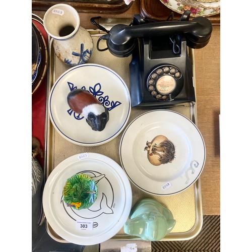 303 - Vintage telephone, assorted plates, Delft-style vase, etc