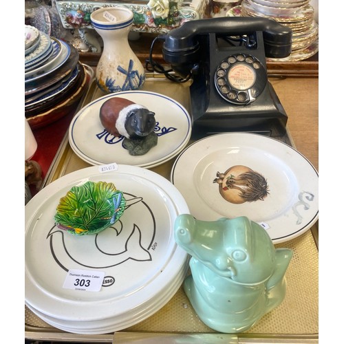 303 - Vintage telephone, assorted plates, Delft-style vase, etc