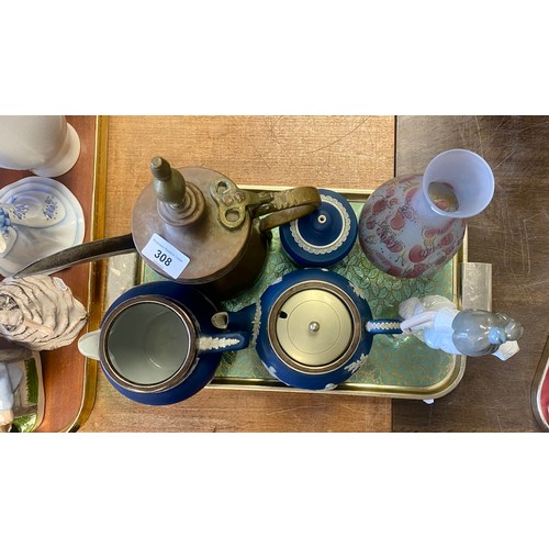 Jasperware teapots & sugar bowl, art glass vase, Nao figure, etc