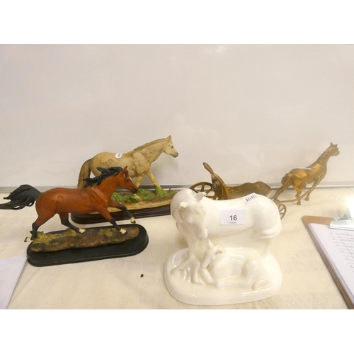 16 - Royal Doulton Images of Nature mare and foal also two other horse figures and a brass horse and cart... 