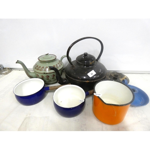 20 - Collection of enamel cookware including chamber sticks, teapot, pans etc.