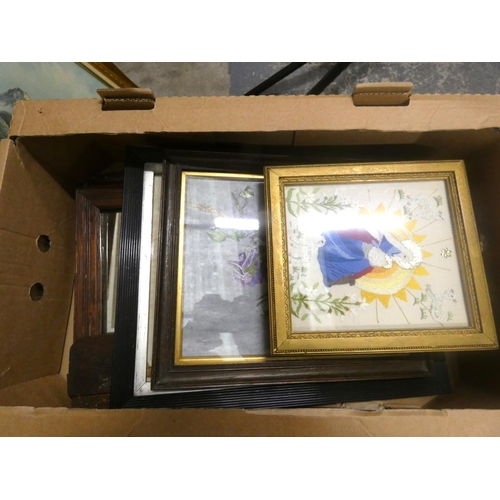 28 - Box of various pictures including oils, tapestry's etc.