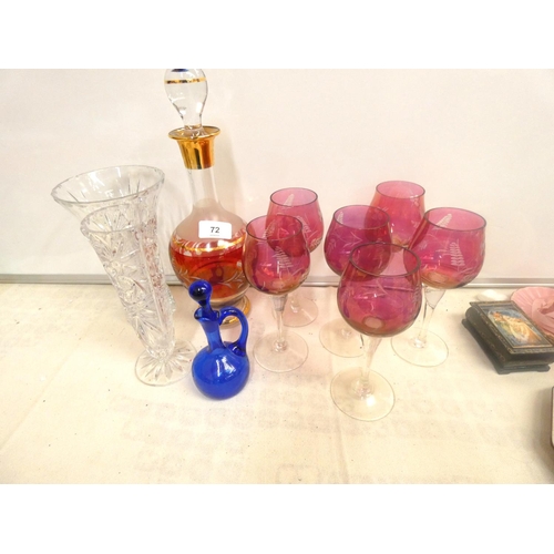 72 - Box of vintage glassware to include cranberry glass and decanter.