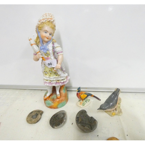 90 - Large continental bisque figure of a girl, a Beswck bird model, fossils etc.