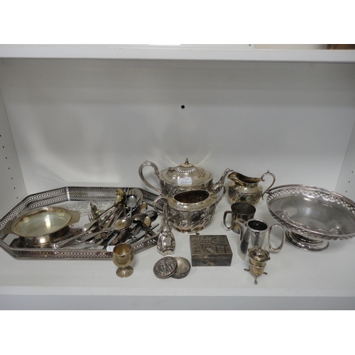 214 - Silver pepper pot, EP and plated ware to include a tea set, tray, basket and flatware etc (one shelf... 