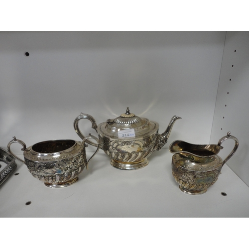 214 - Silver pepper pot, EP and plated ware to include a tea set, tray, basket and flatware etc (one shelf... 