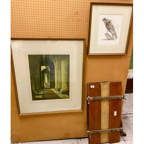 642 - Two framed prints and a trouser press