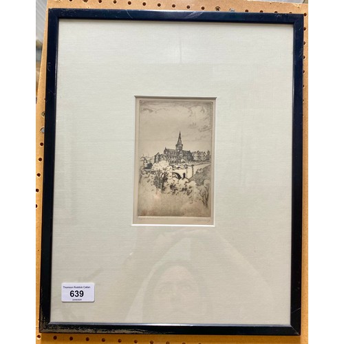 639 - Framed etchingGlasgow cathedral14 cm x 9cm