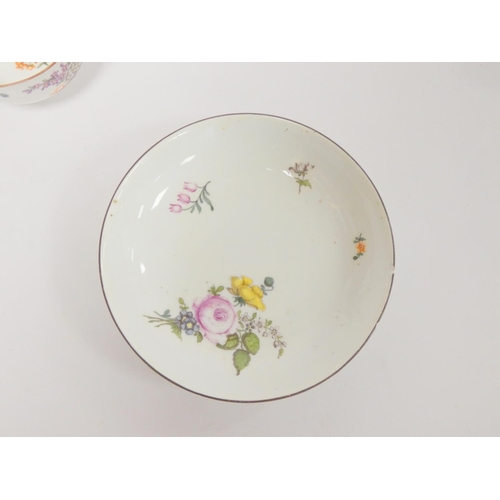 157 - Meissen porcelain trio comprising near matching tea cup, coffee cup and saucer, decorated with flora... 