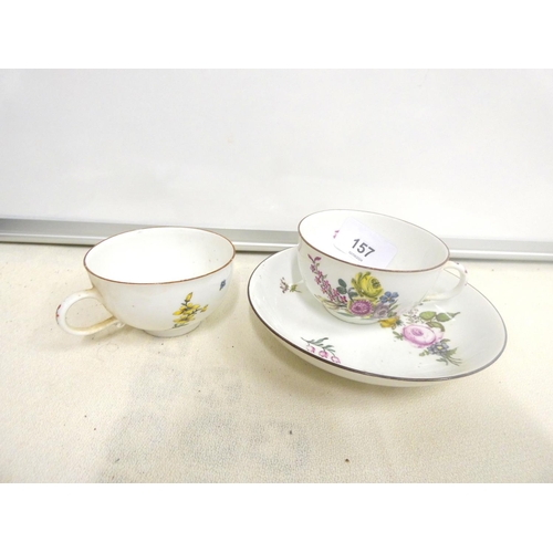 157 - Meissen porcelain trio comprising near matching tea cup, coffee cup and saucer, decorated with flora... 