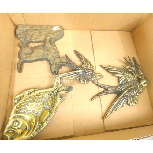 196 - Three vintage brass door knockers, one in the form of a stags head and other brass ware.