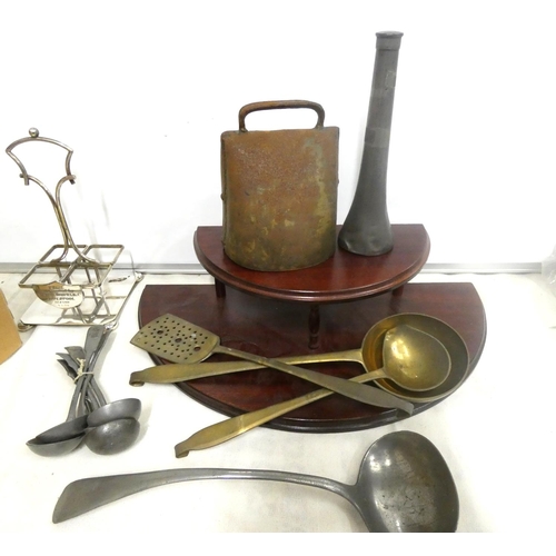 202 - Various metal ware including cow bell, spirit horn, pewter spoons etc.