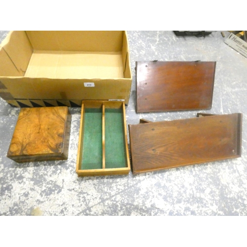 213 - Large box of treen including shelves, walnut box, cutlery tray