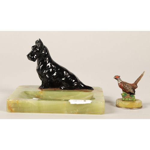 10 - Scottie dog art deco onyx ash tray with miniature onyx based pheasant menu holder