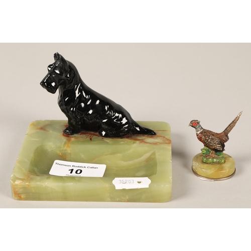 10 - Scottie dog art deco onyx ash tray with miniature onyx based pheasant menu holder