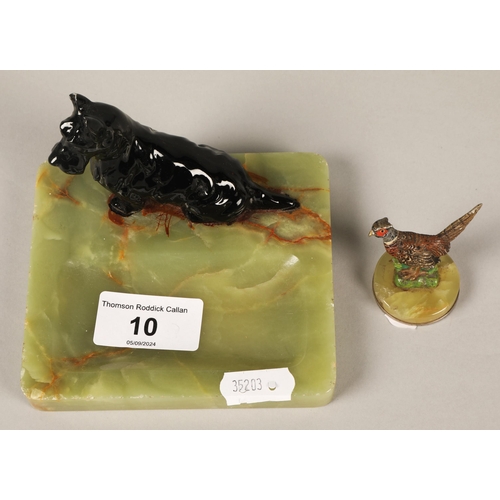 10 - Scottie dog art deco onyx ash tray with miniature onyx based pheasant menu holder